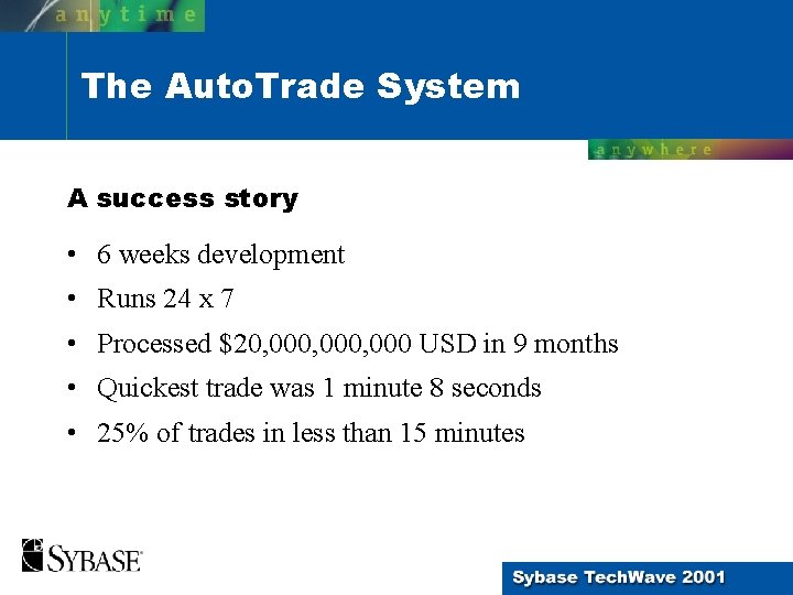 The Auto. Trade System A success story • 6 weeks development • Runs 24