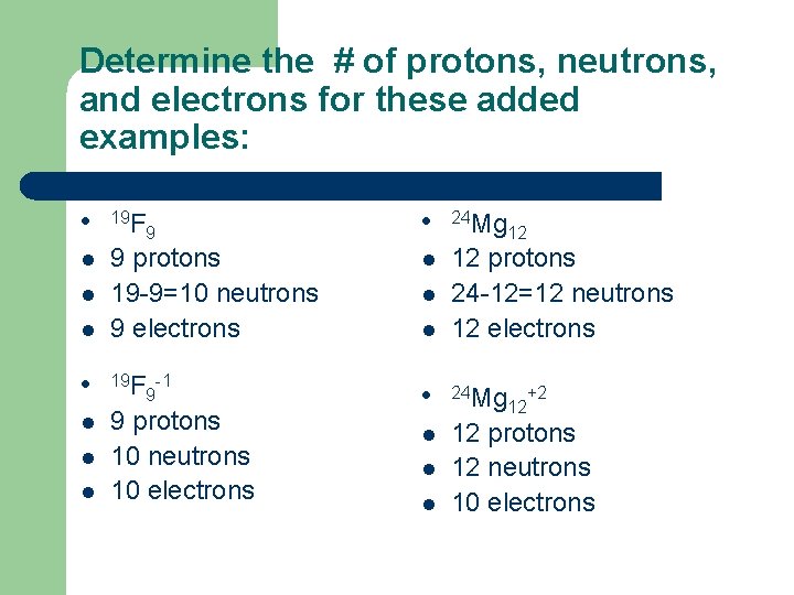 Determine the # of protons, neutrons, and electrons for these added examples: l 19 Determine the # of protons, neutrons, and electrons for these added examples: l 19