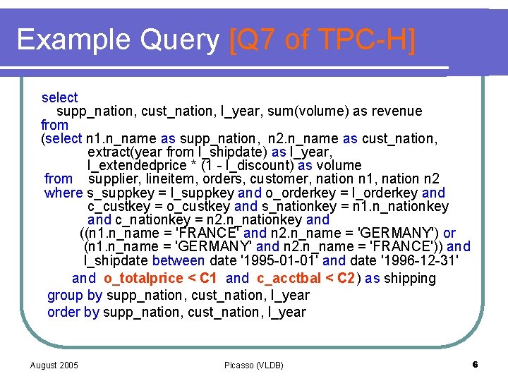 Example Query [Q 7 of TPC-H] select supp_nation, cust_nation, l_year, sum(volume) as revenue from