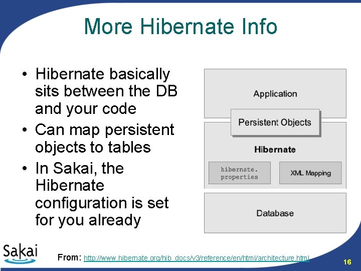 More Hibernate Info • Hibernate basically sits between the DB and your code •