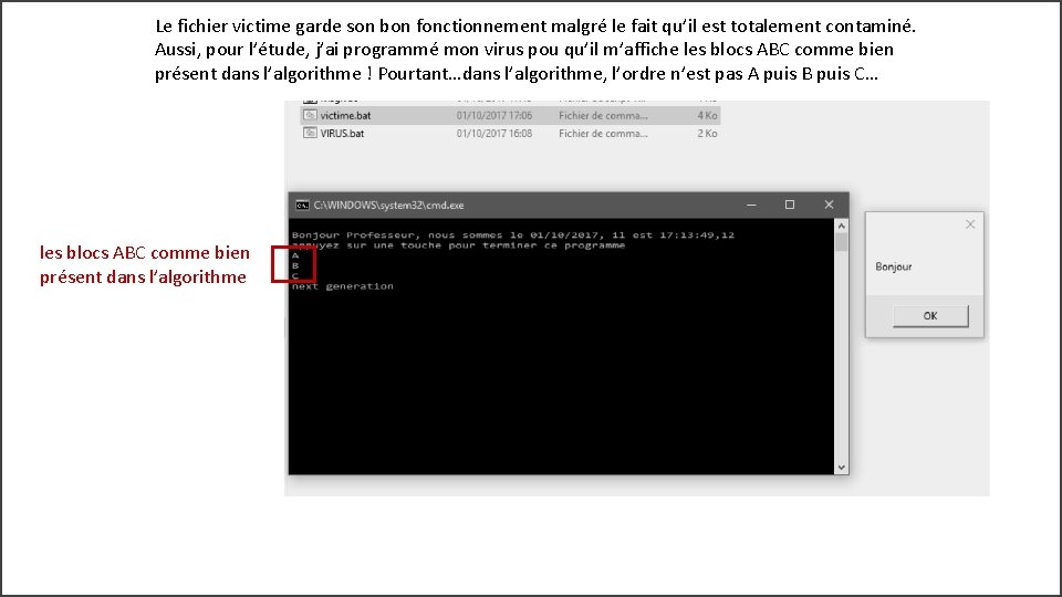 Le fichier victime garde son bon fonctionnement malgré le fait qu’il est totalement contaminé.