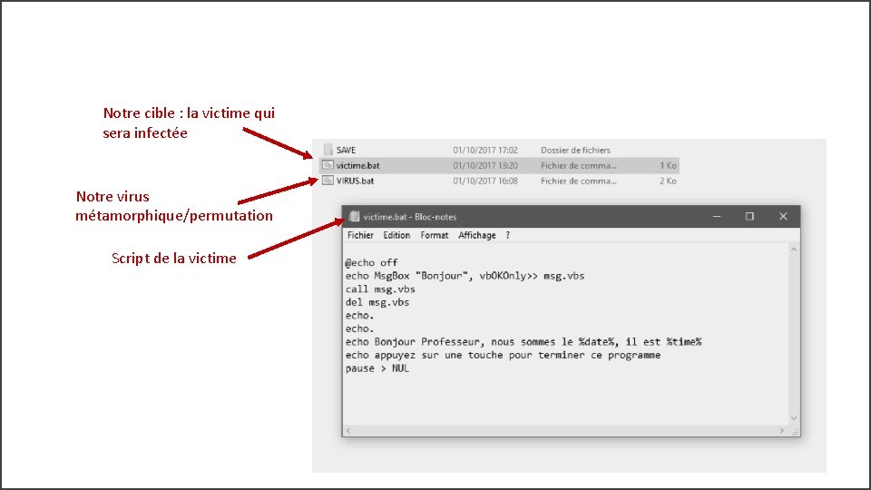 Notre cible : la victime qui sera infectée Notre virus métamorphique/permutation Script de la