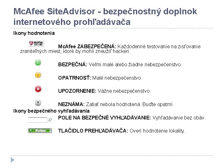 Mc. Afee Site. Advisor - bezpečnostný doplnok internetového prohľadávača Ikony hodnotenia Mc. Afee ZABEZPEČENÁ: