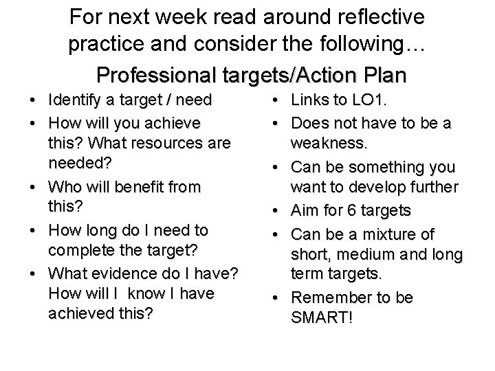 For next week read around reflective practice and consider the following… Professional targets/Action Plan