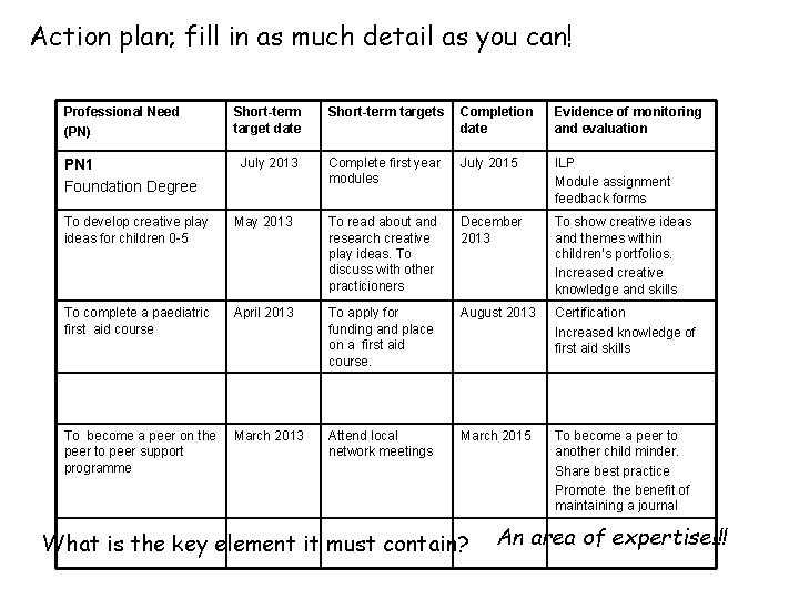 Action plan; fill in as much detail as you can! Professional Need (PN) PN