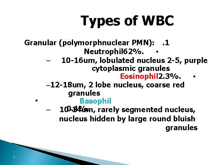Types of WBC Granular (polymorphnuclear PMN): . 1 Neutrophil 62%. • – 10 -16