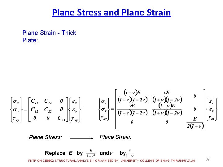 Plane Stress and Plane Strain - Thick Plate: Plane Stress: Plane Strain: Replace E