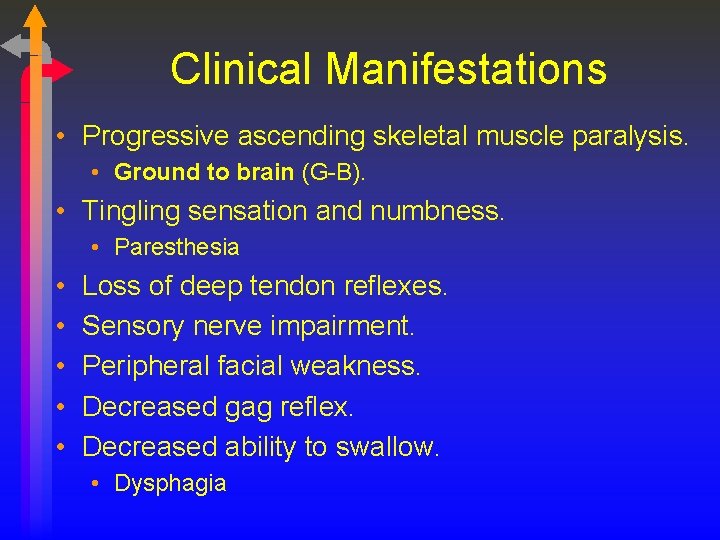 Clinical Manifestations • Progressive ascending skeletal muscle paralysis. • Ground to brain (G-B). •