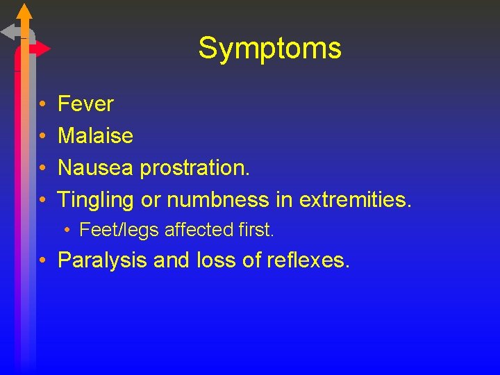 Symptoms • • Fever Malaise Nausea prostration. Tingling or numbness in extremities. • Feet/legs