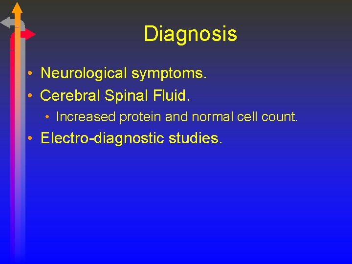 Diagnosis • Neurological symptoms. • Cerebral Spinal Fluid. • Increased protein and normal cell