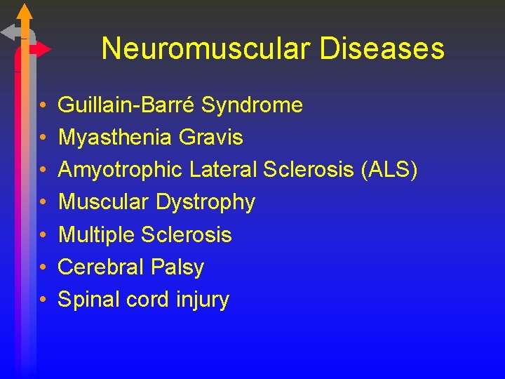 Neuromuscular Diseases • • Guillain-Barré Syndrome Myasthenia Gravis Amyotrophic Lateral Sclerosis (ALS) Muscular Dystrophy