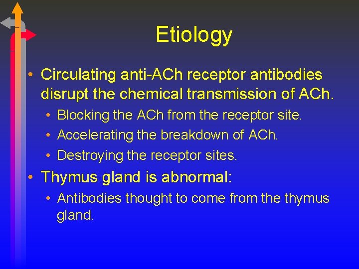 Etiology • Circulating anti-ACh receptor antibodies disrupt the chemical transmission of ACh. • Blocking