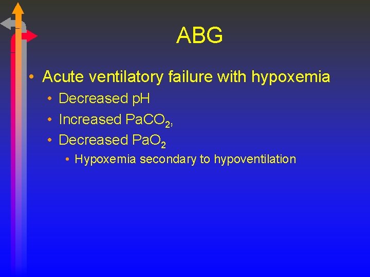 ABG • Acute ventilatory failure with hypoxemia • Decreased p. H • Increased Pa.