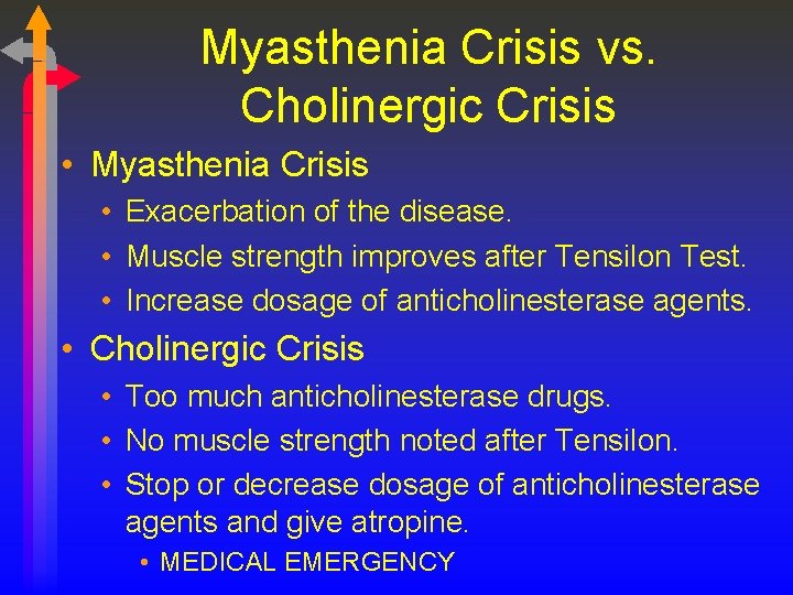Myasthenia Crisis vs. Cholinergic Crisis • Myasthenia Crisis • Exacerbation of the disease. •