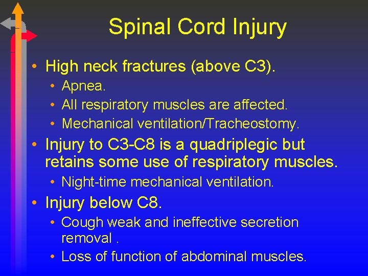 Spinal Cord Injury • High neck fractures (above C 3). • Apnea. • All