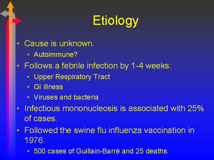 Etiology • Cause is unknown. • Autoimmune? • Follows a febrile infection by 1