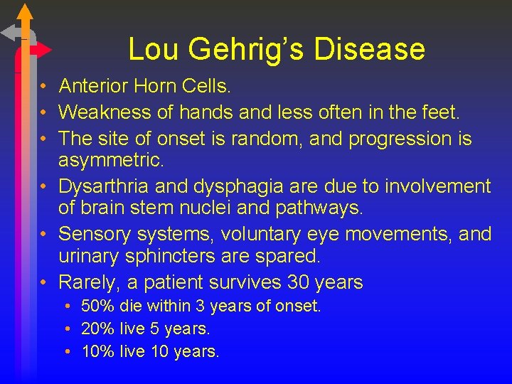 Lou Gehrig’s Disease • Anterior Horn Cells. • Weakness of hands and less often