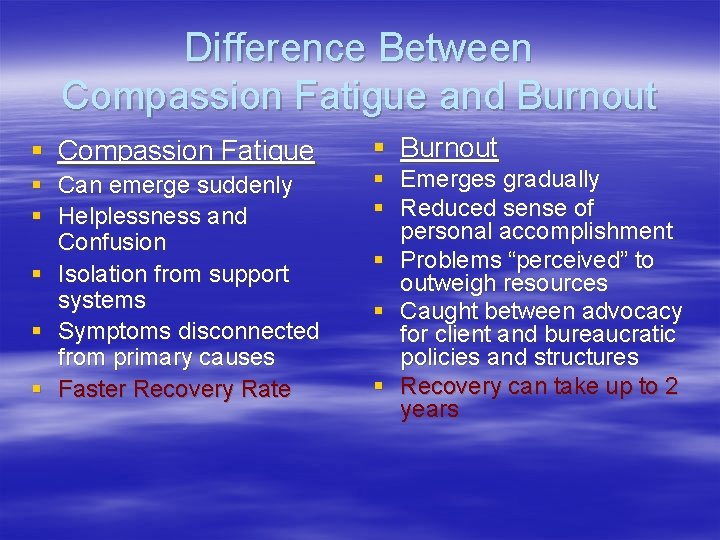 Difference Between Compassion Fatigue and Burnout § Compassion Fatigue § Can emerge suddenly §