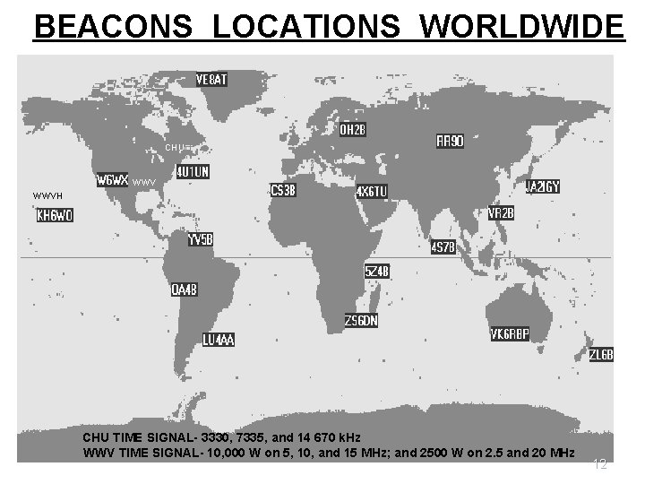 BEACONS LOCATIONS WORLDWIDE CHU WWVH CHU TIME SIGNAL- 3330, 7335, and 14 670 k.