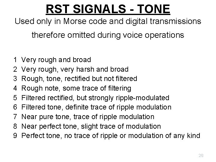 RST SIGNALS - TONE Used only in Morse code and digital transmissions therefore omitted