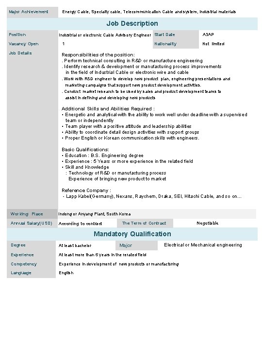 Major Achievement Energy Cable, Specialty cable, Telecommunication Cable and system, Industrial materials Job Description