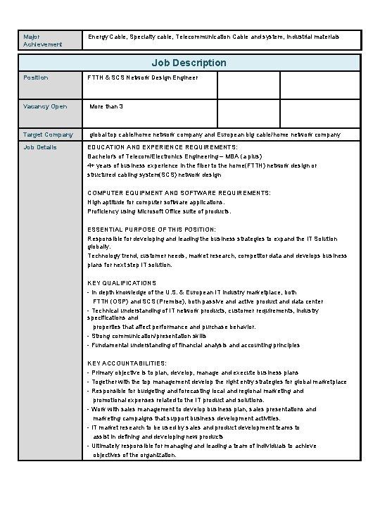 Major Achievement Energy Cable, Specialty cable, Telecommunication Cable and system, Industrial materials Job Description