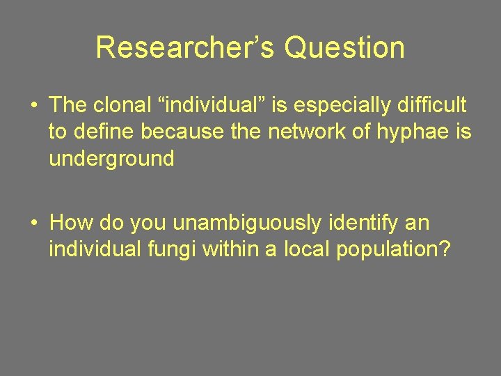 Researcher’s Question • The clonal “individual” is especially difficult to define because the network