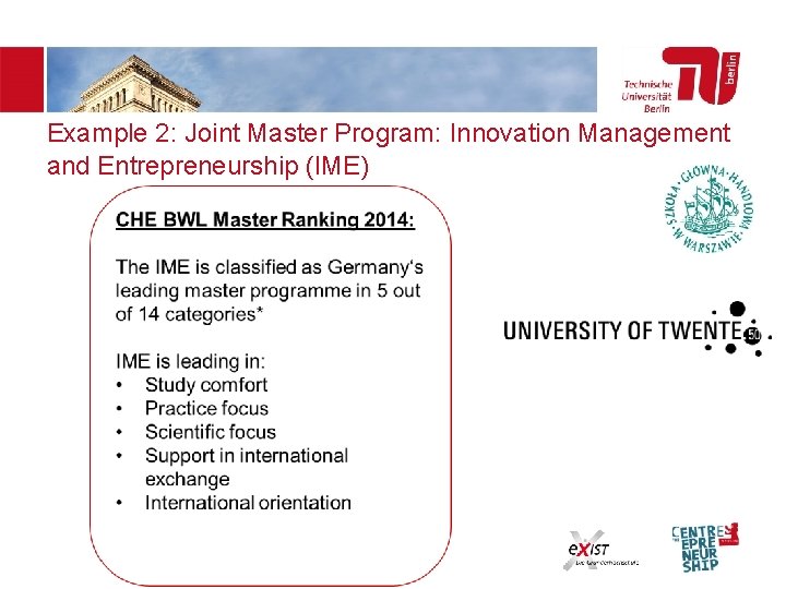 Example 2: Joint Master Program: Innovation Management and Entrepreneurship (IME) 