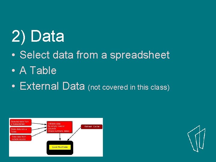 2) Data • Select data from a spreadsheet • A Table • External Data 2) Data • Select data from a spreadsheet • A Table • External Data