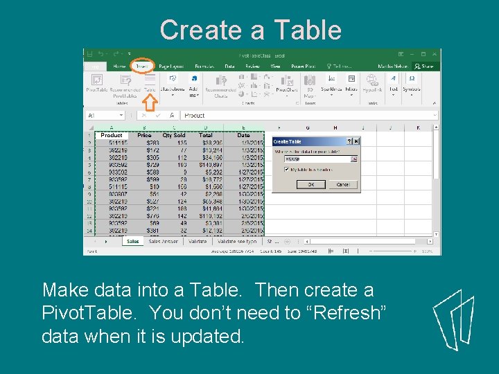 Create a Table Make data into a Table. Then create a Pivot. Table. You Create a Table Make data into a Table. Then create a Pivot. Table. You
