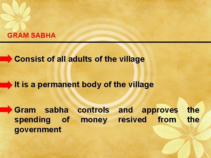 GRAM SABHA Consist of all adults of the village It is a permanent body