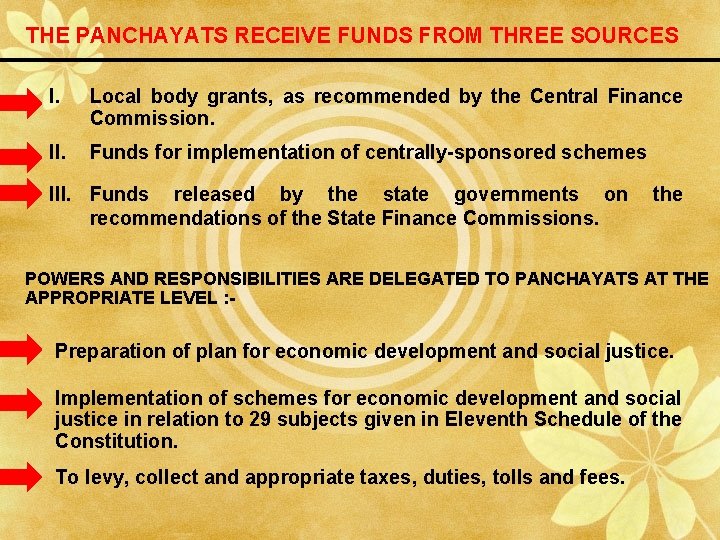 THE PANCHAYATS RECEIVE FUNDS FROM THREE SOURCES I. Local body grants, as recommended by