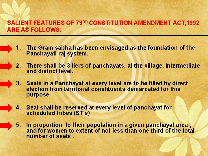 SALIENT FEATURES OF 73 RD CONSTITUTION AMENDMENT ACT, 1992 ARE AS FOLLOWS: 1. The