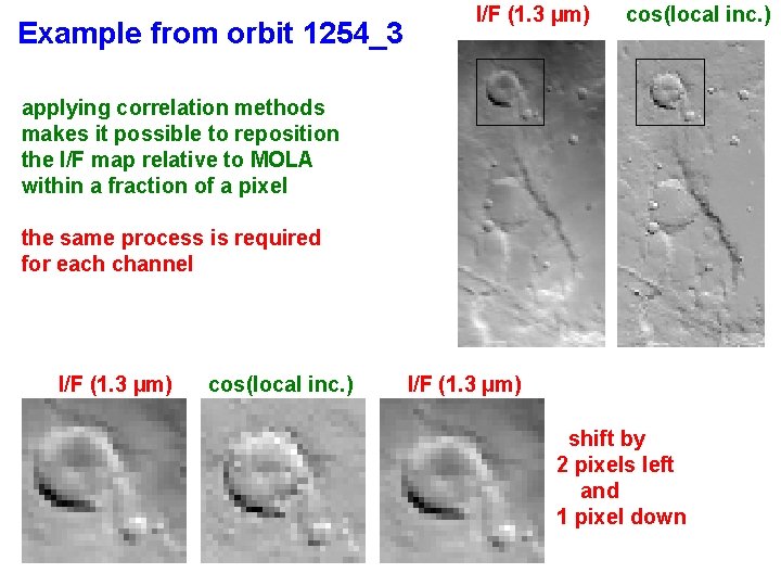 Example from orbit 1254_3 I/F (1. 3 µm) cos(local inc. ) applying correlation methods