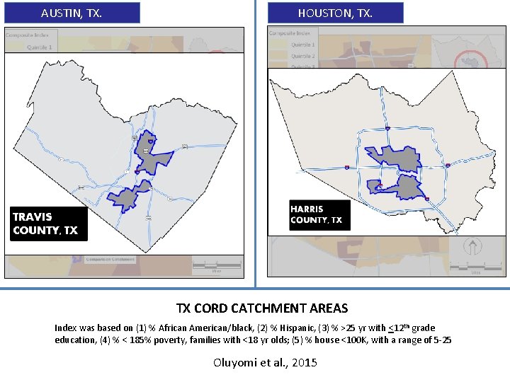 AUSTIN, TX. HOUSTON, TX. TX CORD CATCHMENT AREAS Index was based on (1) %