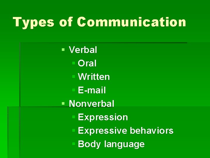 Types of Communication § Verbal § Oral § Written § E-mail § Nonverbal §