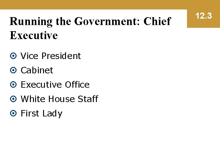 Running the Government: Chief Executive Vice President Cabinet Executive Office White House Staff First
