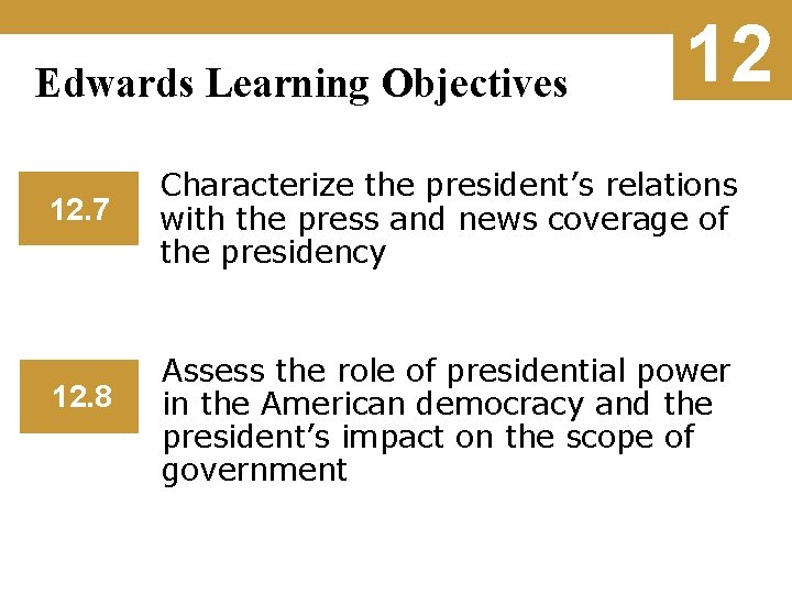 Edwards Learning Objectives 12. 7 12. 8 12 Characterize the president’s relations with the