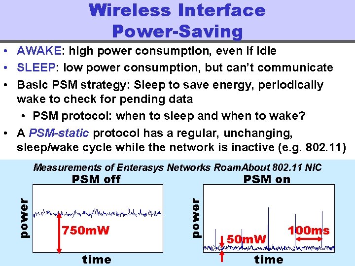 Wireless Interface Power-Saving • AWAKE: high power consumption, even if idle • SLEEP: low