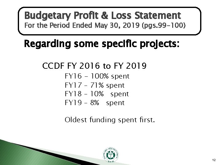 Budgetary Profit & Loss Statement For the Period Ended May 30, 2019 (pgs. 99