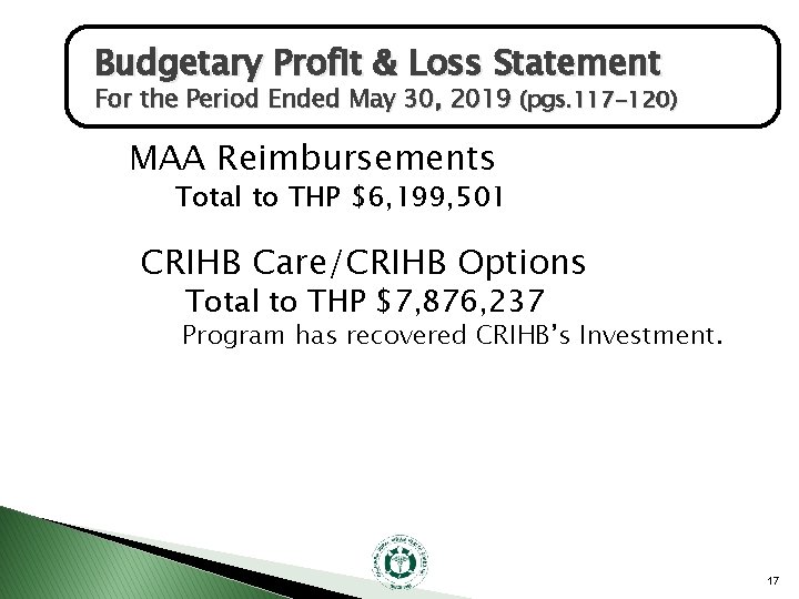 Budgetary Profit & Loss Statement For the Period Ended May 30, 2019 (pgs. 117