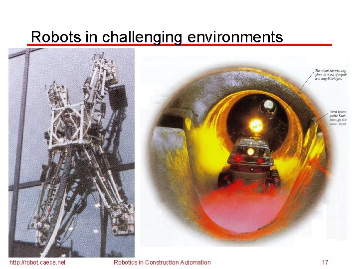 Robots in challenging environments http: //robot. caece. net Robotics in Construction Automation 17 