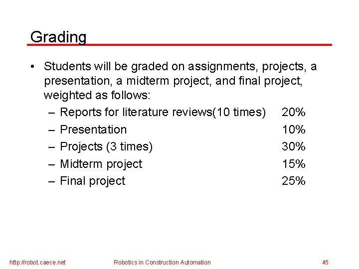 Grading • Students will be graded on assignments, projects, a presentation, a midterm project,