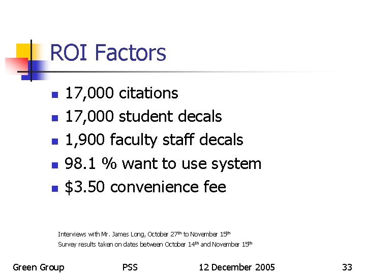 ROI Factors 17, 000 citations 17, 000 student decals 1, 900 faculty staff decals