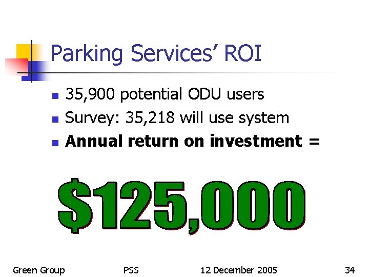 Parking Services’ ROI n n n Green Group 35, 900 potential ODU users Survey: