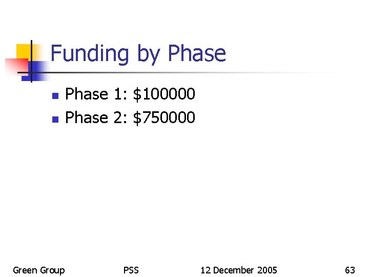 Funding by Phase n n Green Group Phase 1: $100000 Phase 2: $750000 PSS