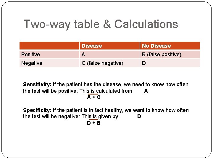 Two-way table & Calculations Disease No Disease Positive A B (false positive) Negative C