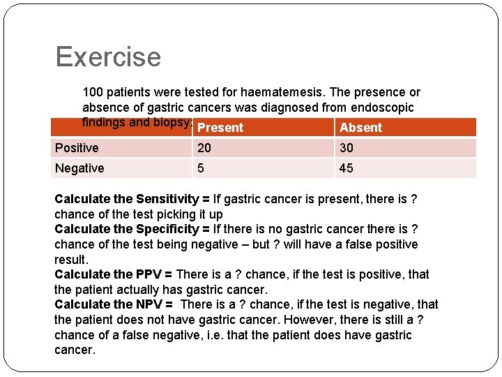 Exercise 100 patients were tested for haematemesis. The presence or absence of gastric cancers