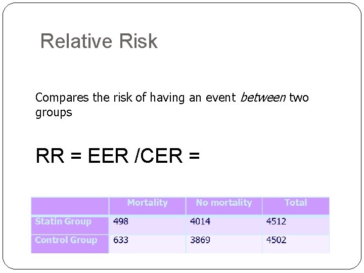Relative Risk Compares the risk of having an event between two groups RR =