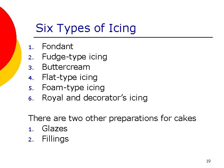 Six Types of Icing 1. 2. 3. 4. 5. 6. Fondant Fudge-type icing Buttercream